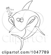 Royalty Free RF Clip Art Illustration Of A Cartoon Black And White Outline Design Of A Happy Shark by toonaday