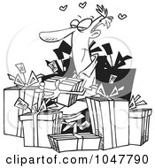 Poster, Art Print Of Cartoon Black And White Outline Design Of A Guy Giving Himself Gifts