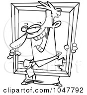 Poster, Art Print Of Cartoon Black And White Outline Design Of A Businessman Holding Up A Frame