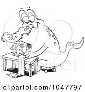 Cartoon Black And White Outline Design Of A Sewing Alligator