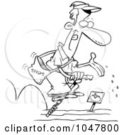 Royalty Free RF Clip Art Illustration Of A Cartoon Black And White Outline Design Of A Guy Seeding His Garden On A Pogo Stick
