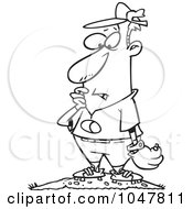Royalty Free RF Clip Art Illustration Of A Cartoon Black And White Outline Design Of A Hole Through A Baseball Pitcher