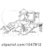 Royalty Free RF Clip Art Illustration Of A Cartoon Black And White Outline Design Of A Businessman Holding A Whip In Front Of His Computer