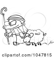 Cartoon Black And White Outline Design Of A Shepherd And Sheep
