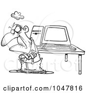 Poster, Art Print Of Cartoon Black And White Outline Design Of An Old Geezer With A Computer