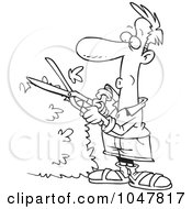 Cartoon Black And White Outline Design Of A Guy Trimming A Hedge