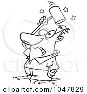 Royalty Free RF Clip Art Illustration Of A Cartoon Black And White Outline Design Of A Man Beating Himself With A Hammer