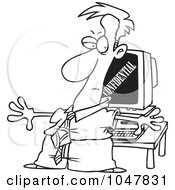 Royalty Free RF Clip Art Illustration Of A Cartoon Black And White Outline Design Of A Businessman Shielding Confidential Information On A Computer
