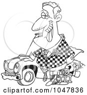 Cartoon Black And White Outline Design Of A Shifty Car Salesman