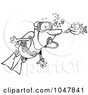 Poster, Art Print Of Cartoon Black And White Outline Design Of A Fish Sticking His Tongue Out At A Scuba Diver