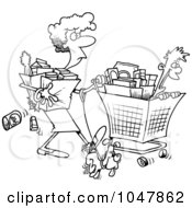 Poster, Art Print Of Cartoon Black And White Outline Design Of A Woman Shopping With Her Son
