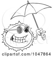 Poster, Art Print Of Cartoon Black And White Outline Design Of A Sun Holding An Umbrella