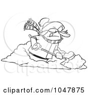 Cartoon Black And White Outline Design Of A Woman Shoveling Snow