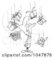 Poster, Art Print Of Cartoon Black And White Outline Design Of A Woman Being Showered In Gifts