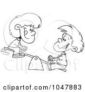 Cartoon Black And White Outline Design Of A Boy And Girl On A Teeter Totter