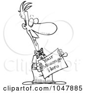 Poster, Art Print Of Cartoon Black And White Outline Design Of A Man Holding A Blank Sign