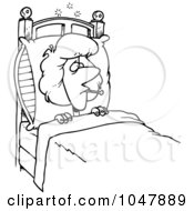 Cartoon Black And White Outline Design Of A Sick Woman In Bed