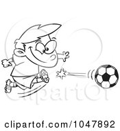 Poster, Art Print Of Cartoon Black And White Outline Design Of A Boy Kicking A Soccer Ball