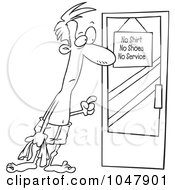 Royalty Free RF Clip Art Illustration Of A Cartoon Black And White Outline Design Of A Shirtless Man At A Door