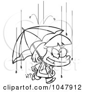 Poster, Art Print Of Cartoon Black And White Outline Design Of A Happy Girl With An Umbrella In The Rain