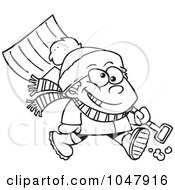 Cartoon Black And White Outline Design Of A Winter Boy Carrying A Snow Shovel