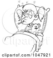 Royalty Free RF Clip Art Illustration Of A Cartoon Black And White Outline Design Of A Sick Girl With Her Teddy Bear In Bed
