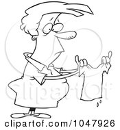 Royalty Free RF Clip Art Illustration Of A Cartoon Black And White Outline Design Of A Woman Holding A Shrunk Shirt by toonaday