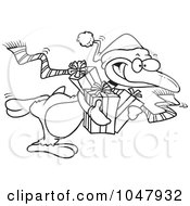 Poster, Art Print Of Cartoon Black And White Outline Design Of A Giving Christmas Penguin