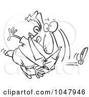 Royalty Free RF Clip Art Illustration Of A Cartoon Black And White Outline Design Of A Man Throwing A Shoe