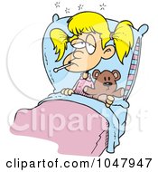 Poster, Art Print Of Cartoon Sick Girl With Her Teddy Bear In Bed