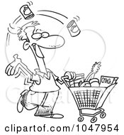 Poster, Art Print Of Cartoon Black And White Outline Design Of A Guy Grocery Shopping