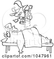 Poster, Art Print Of Cartoon Black And White Outline Design Of A Tiny Massage Therapist Jumping On Her Client