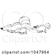 Cartoon Black And White Outline Design Of A Skunk Wearing A Mask And Following Others