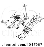 Poster, Art Print Of Cartoon Black And White Outline Design Of A Skiing Cow