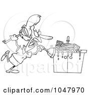 Poster, Art Print Of Cartoon Black And White Outline Design Of A Woman Tackling A Sink With A Plunger