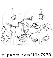 Royalty Free RF Clip Art Illustration Of A Cartoon Black And White Outline Design Of A Guy Ducking From The Falling Sky