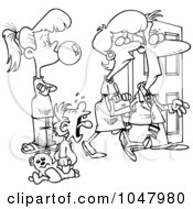 Poster, Art Print Of Cartoon Black And White Outline Design Of A Babysitter Watching Parents Leave