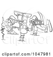 Royalty Free RF Clip Art Illustration Of A Cartoon Black And White Outline Design Of Crashed Skiers