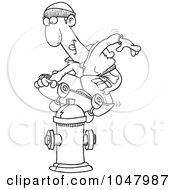 Royalty Free RF Clip Art Illustration Of A Cartoon Black And White Outline Design Of A Man Skateboarding On A Hydrant