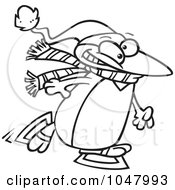 Royalty Free RF Clip Art Illustration Of A Cartoon Black And White Outline Design Of A Winter Penguin Ice Skating