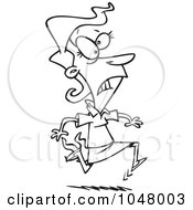 Cartoon Black And White Outline Design Of A Businesswoman Running With Her Skirt On Fire