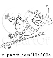 Poster, Art Print Of Cartoon Black And White Outline Design Of A Skiing Rhino