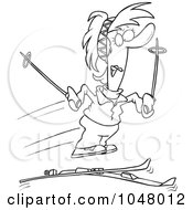 Poster, Art Print Of Cartoon Black And White Outline Design Of A Woman Losing Her Skis