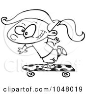 Poster, Art Print Of Cartoon Black And White Outline Design Of A Skateboarding Girl