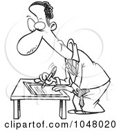 Poster, Art Print Of Cartoon Black And White Outline Design Of A Black Businessman Signing A Document