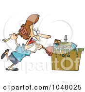 Cartoon Woman Tackling A Sink With A Plunger