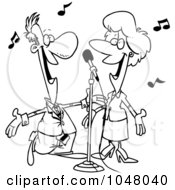 Royalty Free RF Clip Art Illustration Of A Cartoon Black And White Outline Design Of A Couple Singing by toonaday