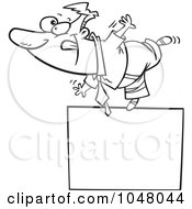 Poster, Art Print Of Cartoon Black And White Outline Design Of A Businessman Balanced On A Blank Sign