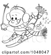Poster, Art Print Of Cartoon Black And White Outline Design Of A Baby Girl Skiing