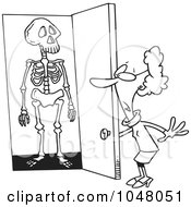 Cartoon Black And White Outline Design Of A Skeleton In A Womans Closet